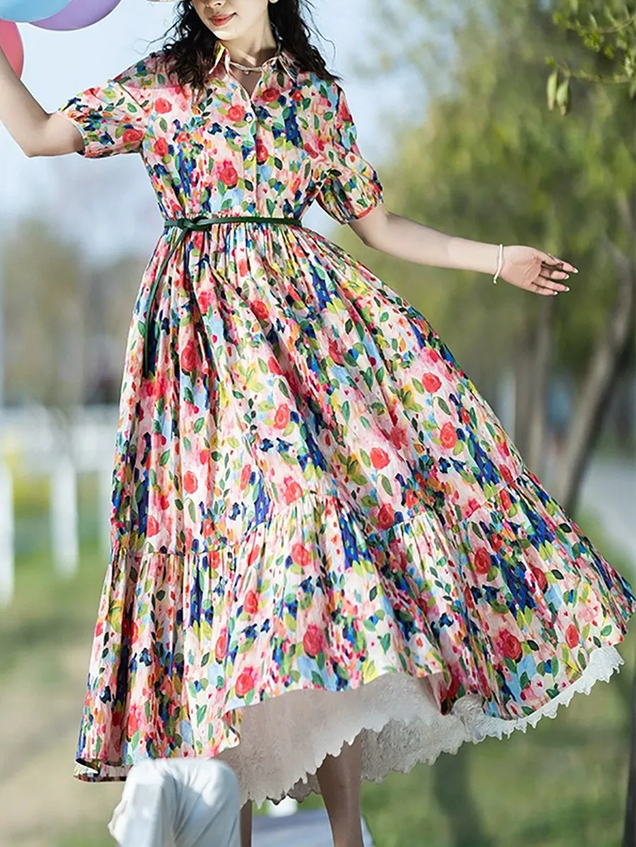 Women Summer Artsy Floral Turn-down Collar 100%Cotton Dress