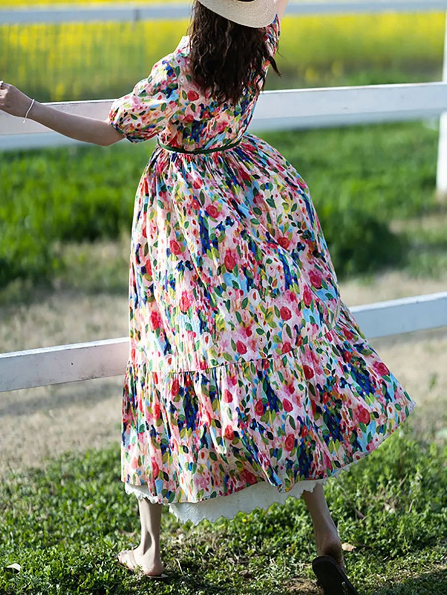 Women Summer Artsy Floral Turn-down Collar 100%Cotton Dress