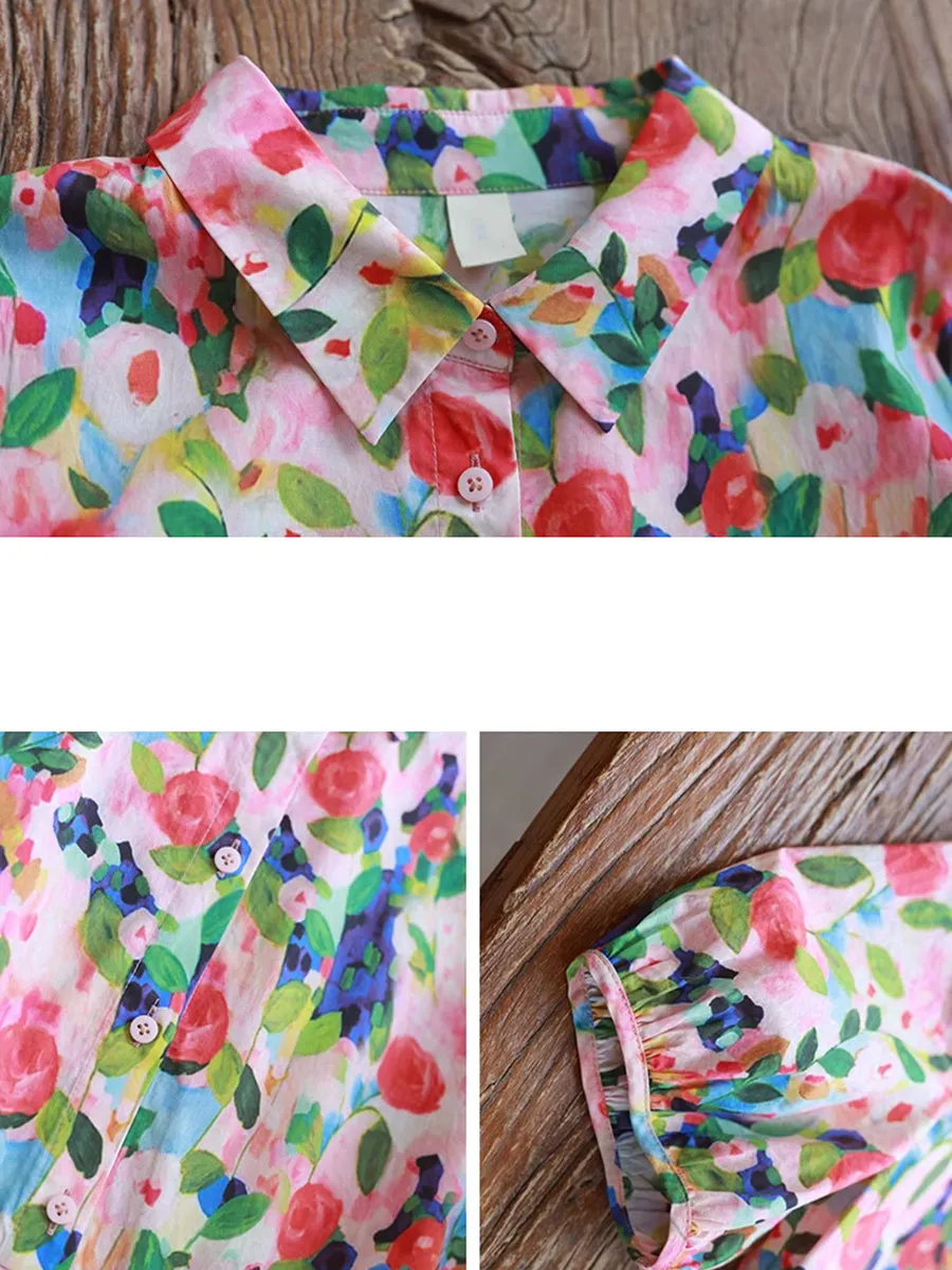 Women Summer Artsy Floral Turn-down Collar 100%Cotton Dress