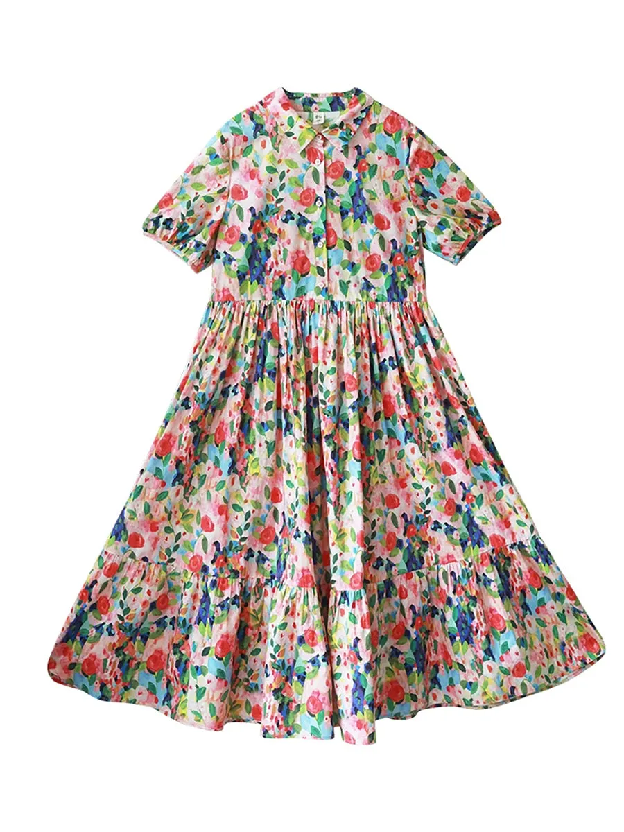Women Summer Artsy Floral Turn-down Collar 100%Cotton Dress