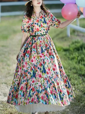 Women Summer Artsy Floral Turn-down Collar 100%Cotton Dress