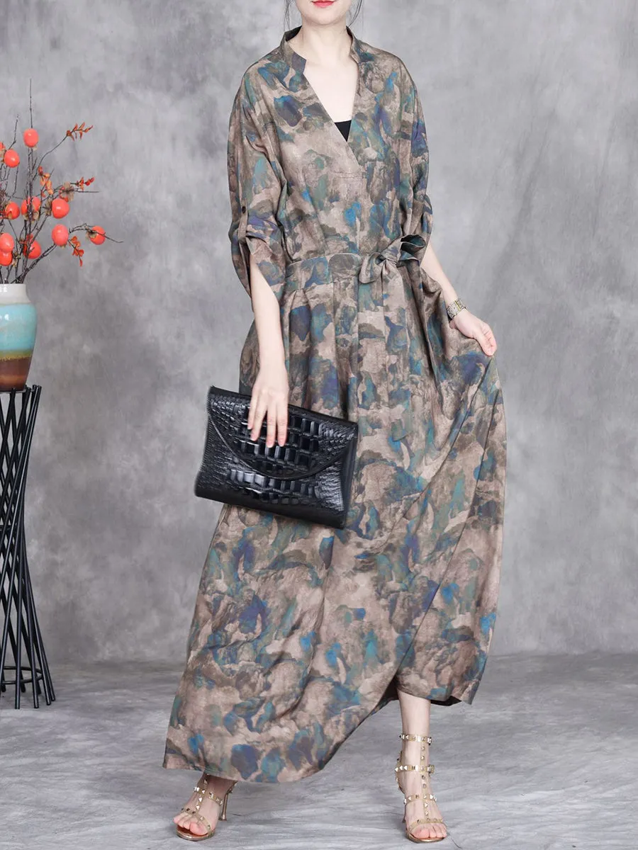 Women Summer Retro Strap Stand Collar Maxi Dress
