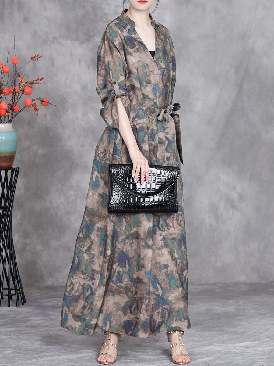Women Summer Retro Strap Stand Collar Maxi Dress