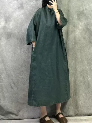 Women Summer Vintage Pure Color Stand Collar Dress