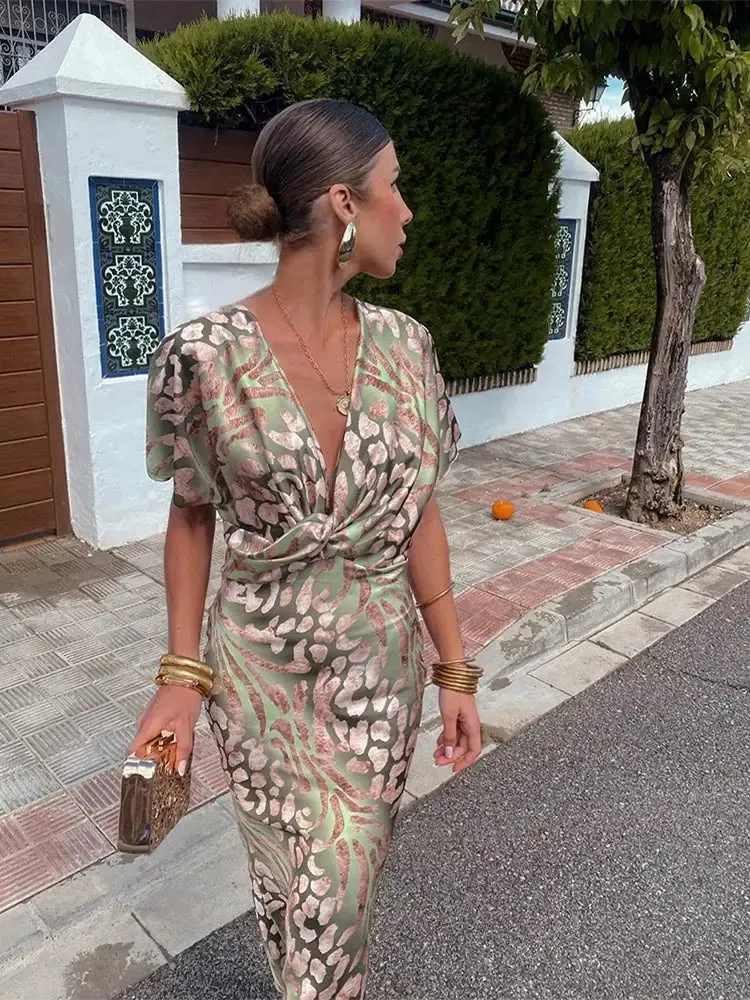 Women's Elegant Twisted Wrap V-Neck Dress | Midi