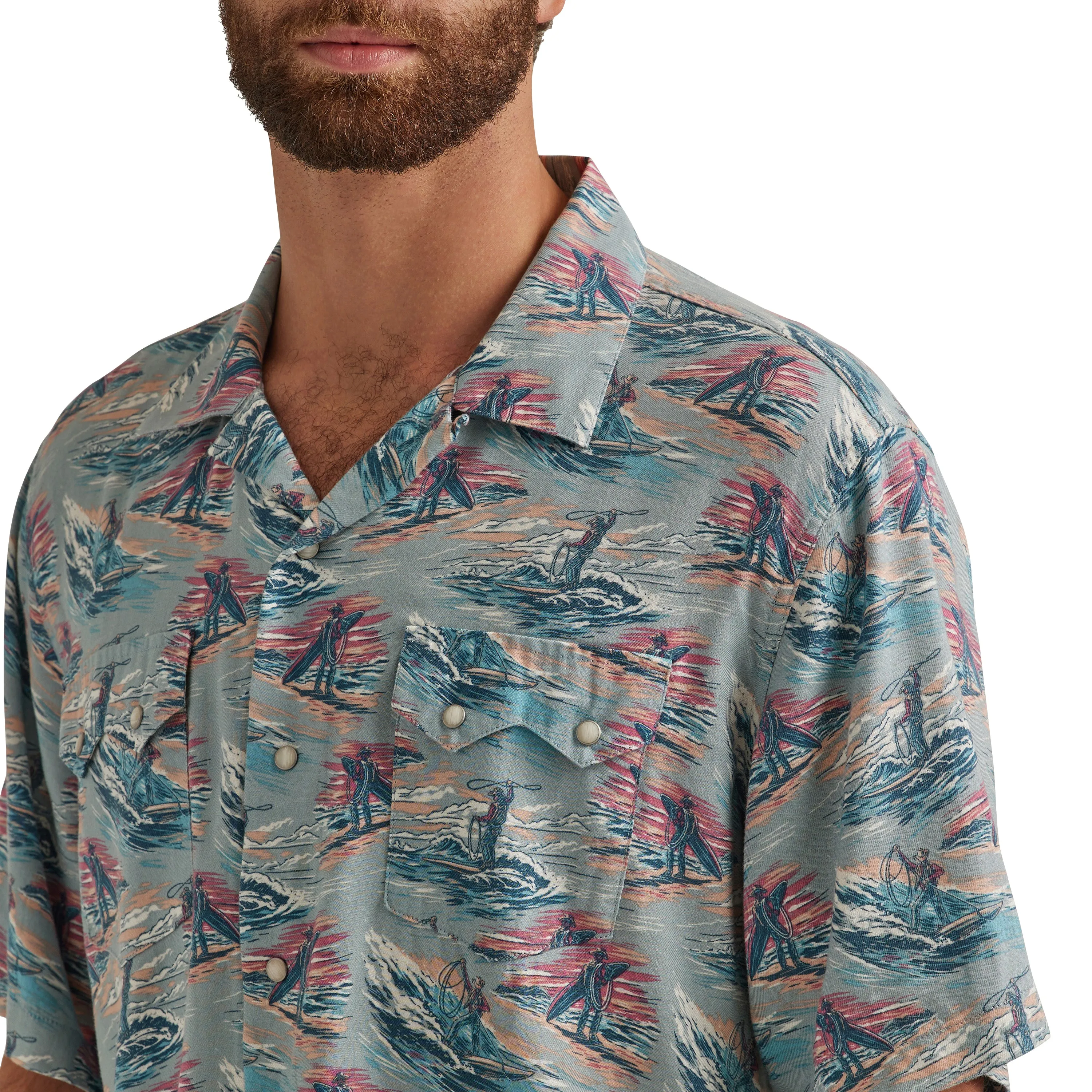 Wrangler Coconut Cowboy Blue Surfing Cowboy Print Short Sleeve Snap Camp Shirt