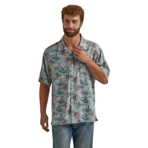 Wrangler Coconut Cowboy Blue Surfing Cowboy Print Short Sleeve Snap Camp Shirt