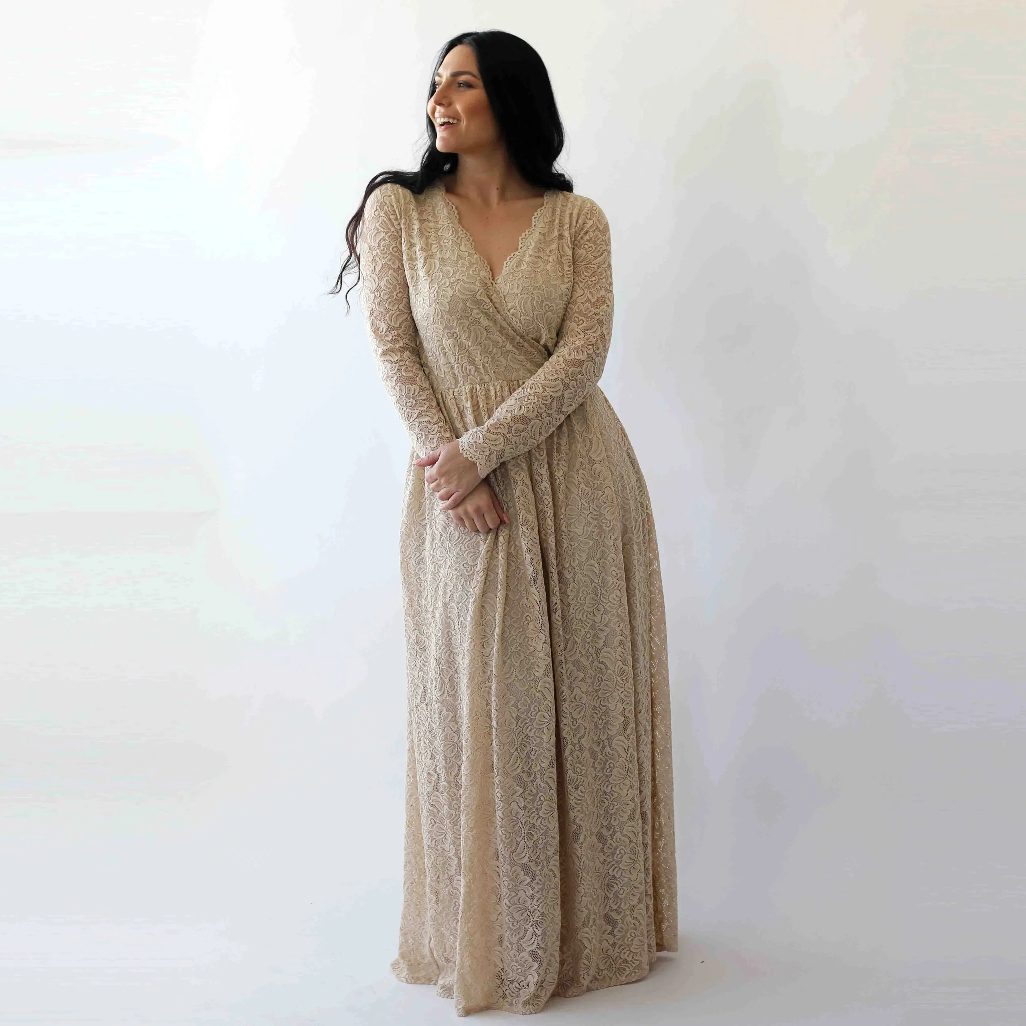 Wrap Champagne lace wedding dress with pockets #1269