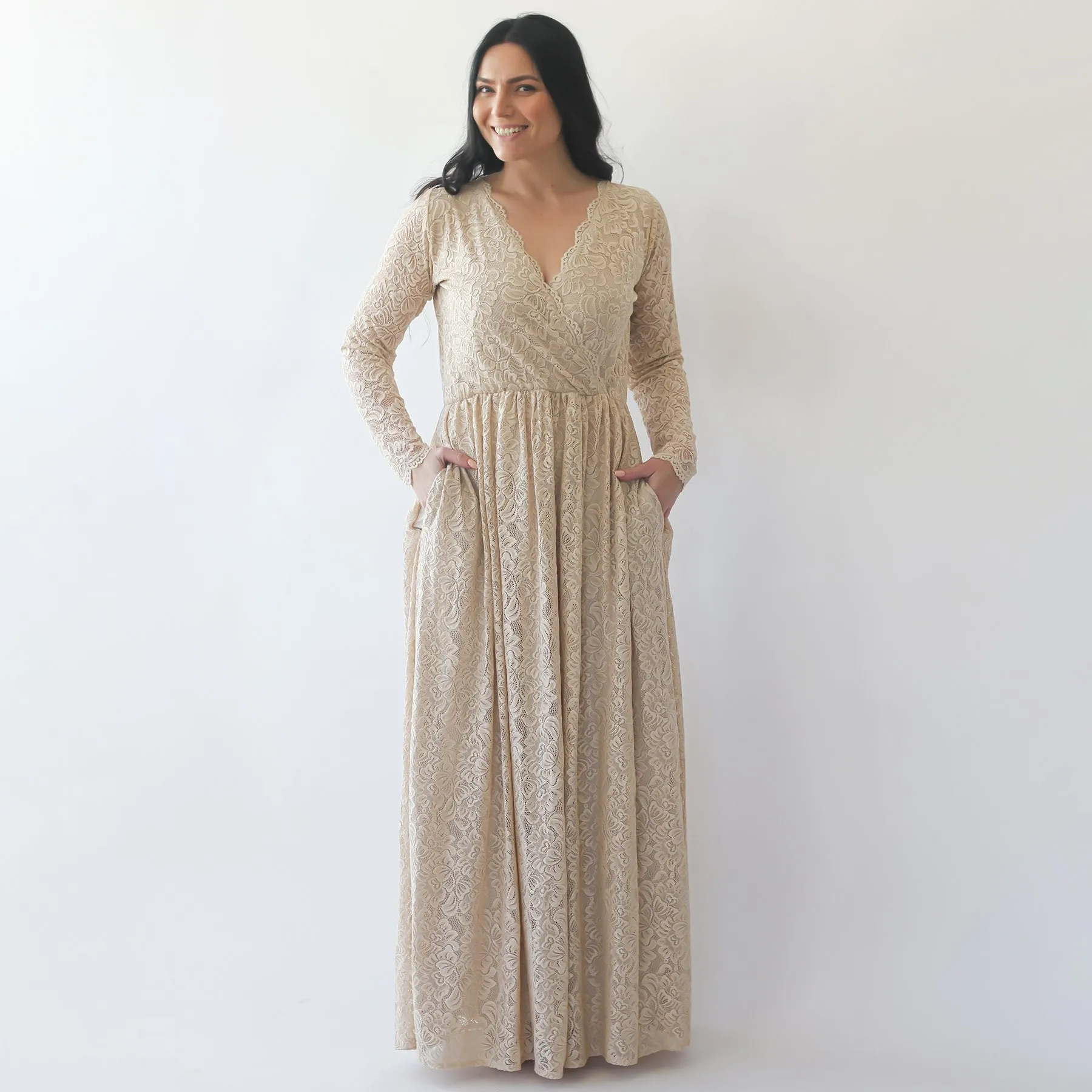 Wrap Champagne lace wedding dress with pockets #1269