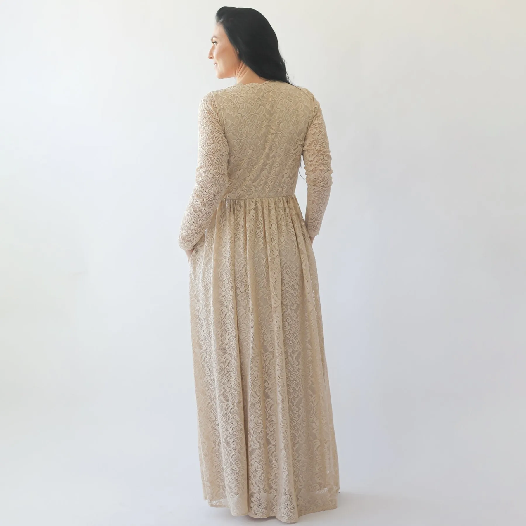 Wrap Champagne lace wedding dress with pockets #1269