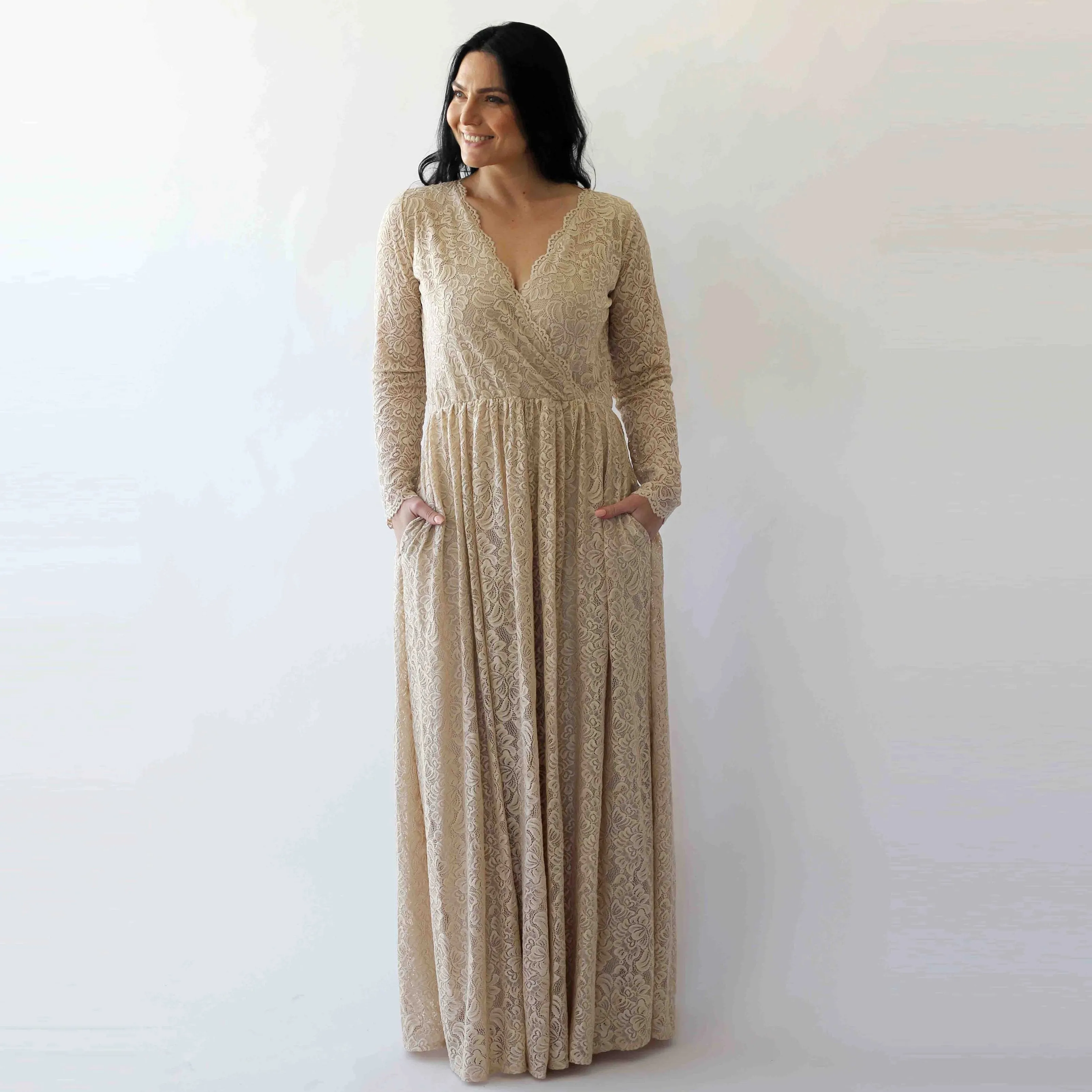 Wrap Champagne lace wedding dress with pockets #1269
