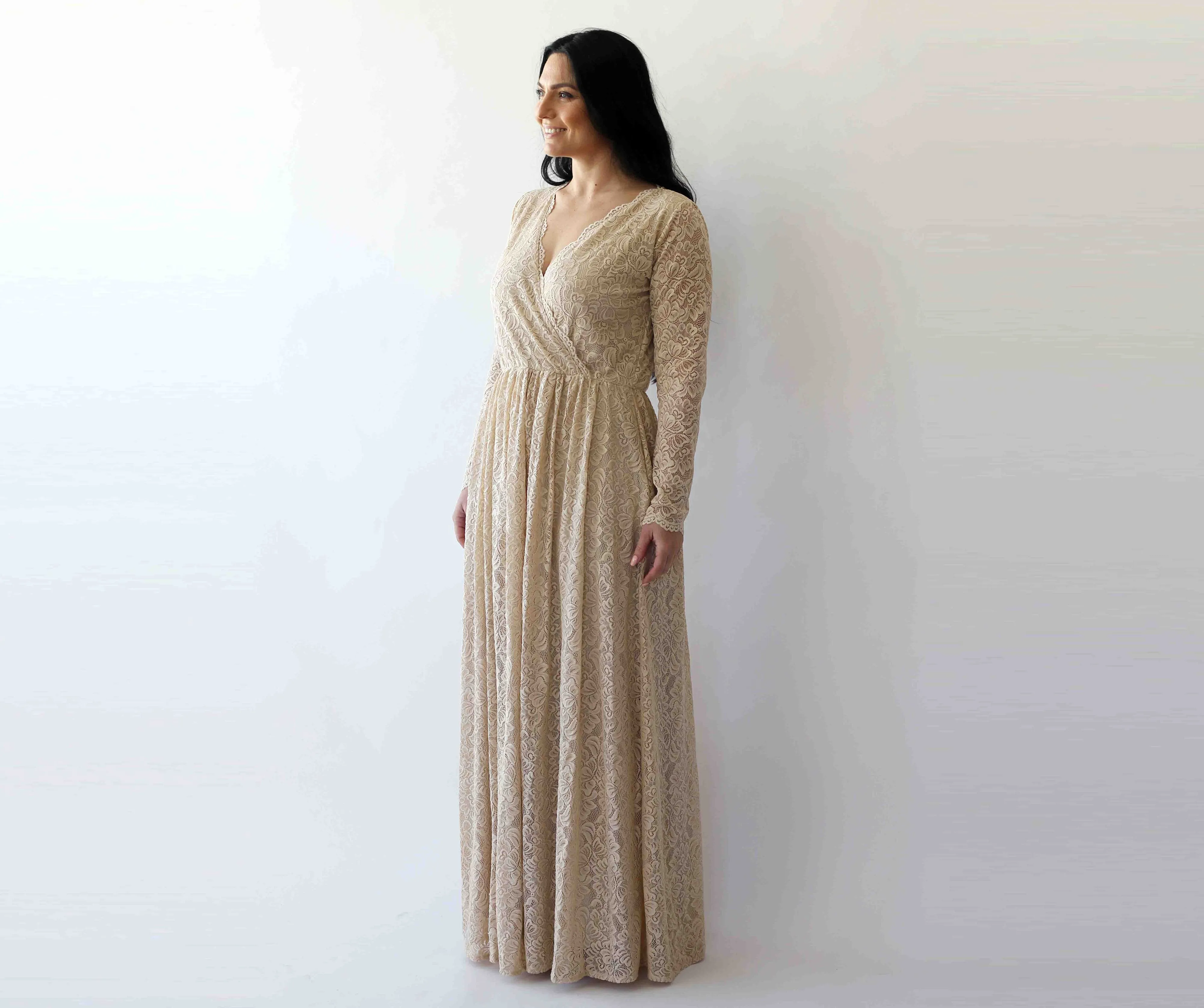 Wrap Champagne lace wedding dress with pockets #1269