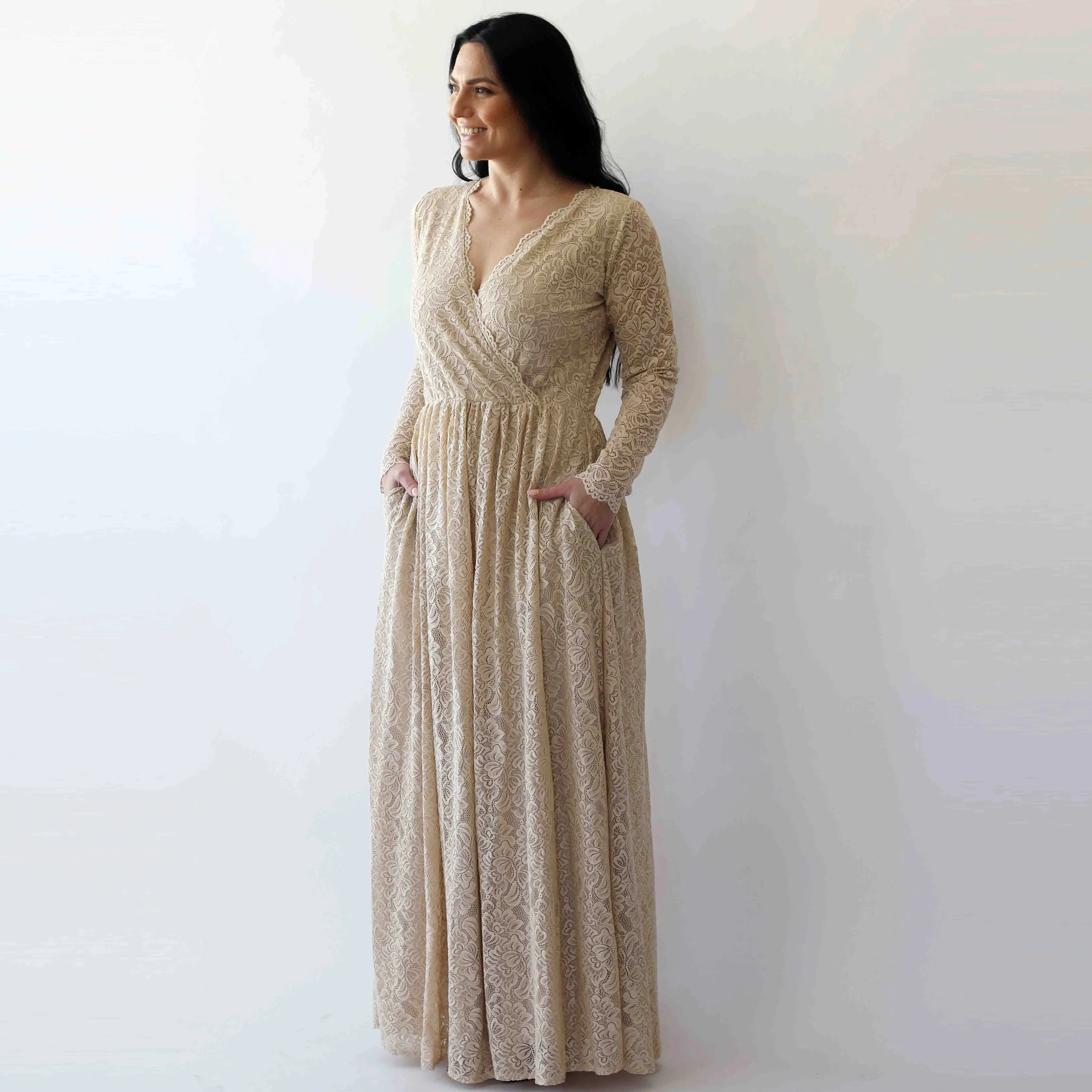 Wrap Champagne lace wedding dress with pockets #1269
