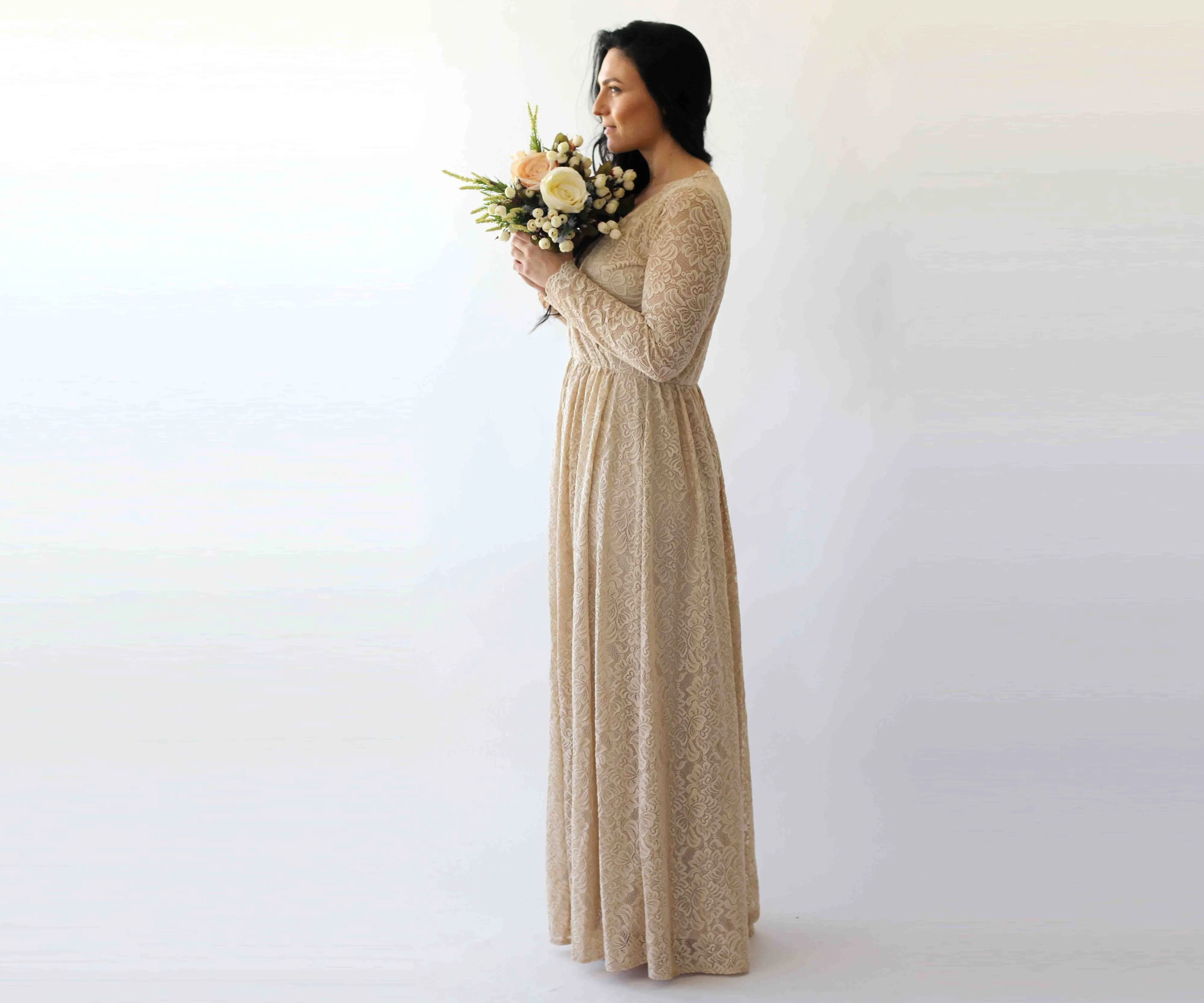 Wrap Champagne lace wedding dress with pockets #1269