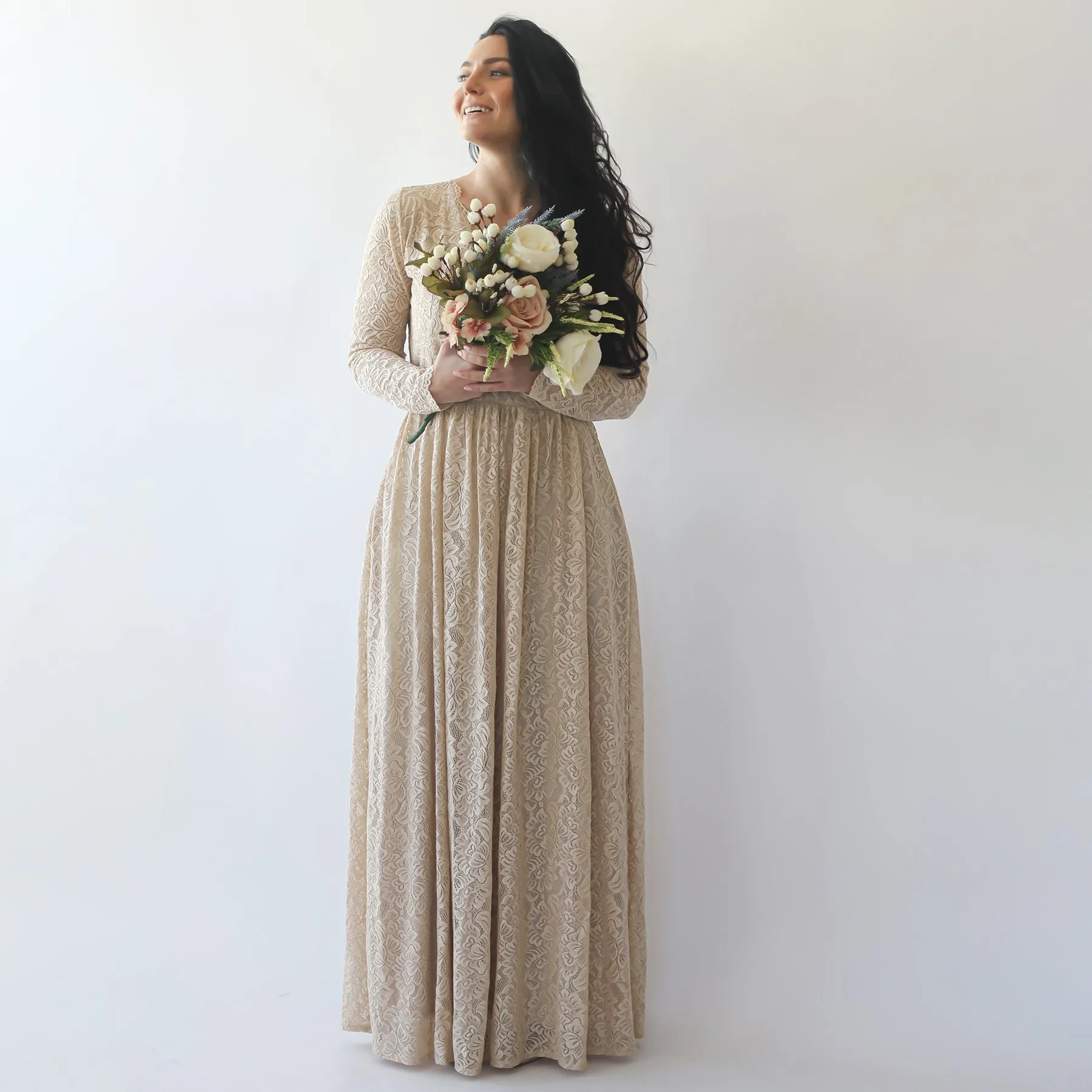 Wrap Champagne lace wedding dress with pockets #1269