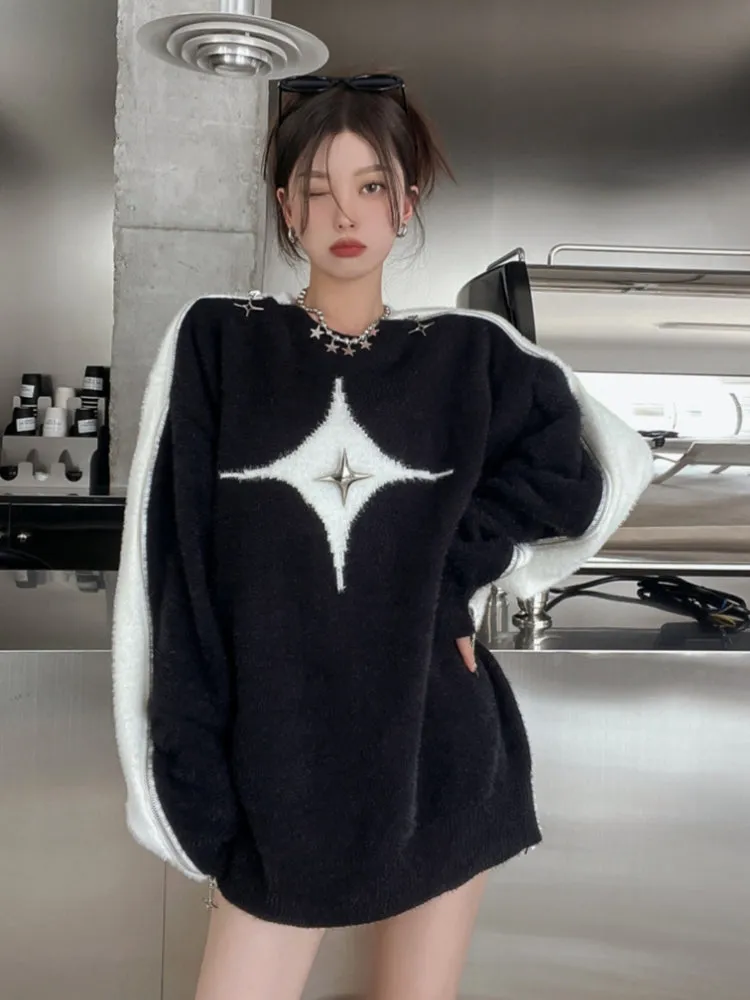 Y2K Star Zip-Up Shoulder Sweater