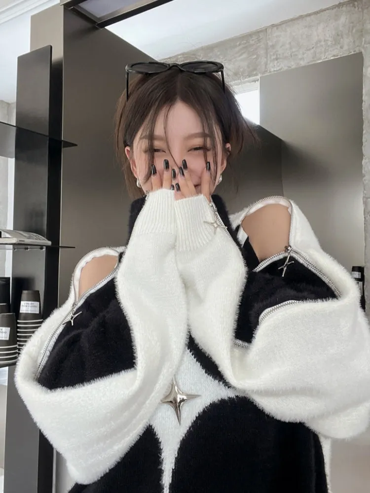 Y2K Star Zip-Up Shoulder Sweater