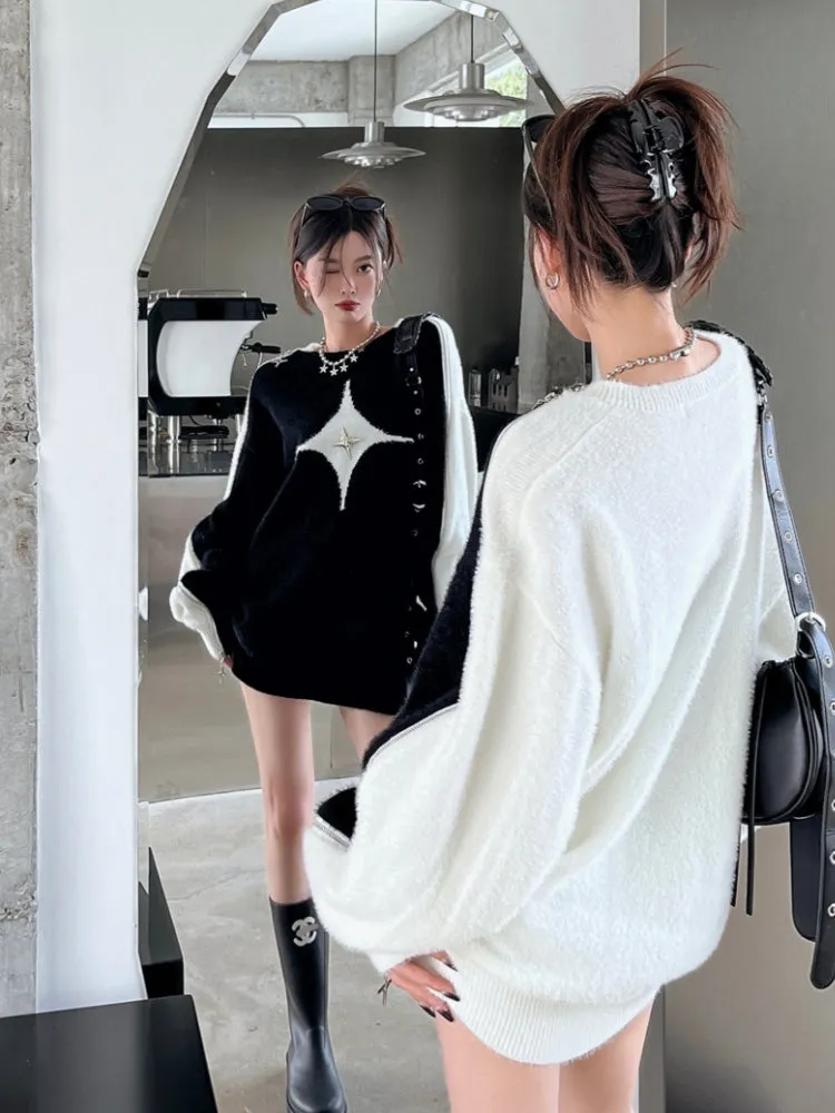 Y2K Star Zip-Up Shoulder Sweater