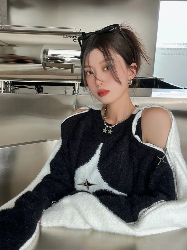 Y2K Star Zip-Up Shoulder Sweater