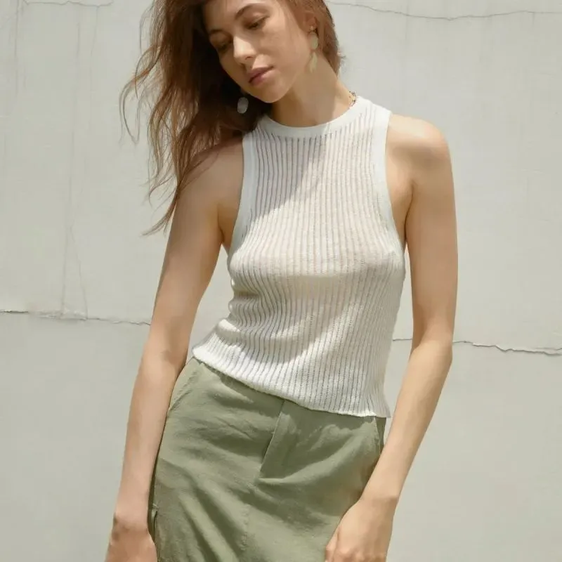 Zenith Sheer Ribbed High-Neck Sleeveless Knit Top