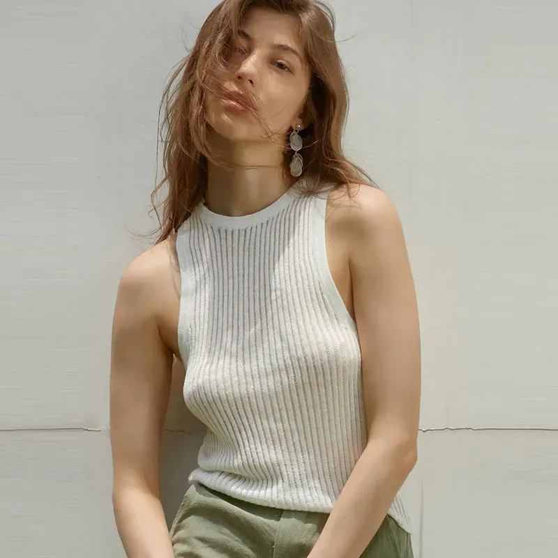 Zenith Sheer Ribbed High-Neck Sleeveless Knit Top
