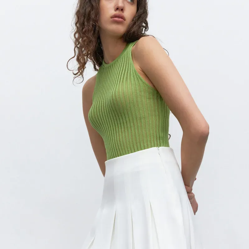 Zenith Sheer Ribbed High-Neck Sleeveless Knit Top
